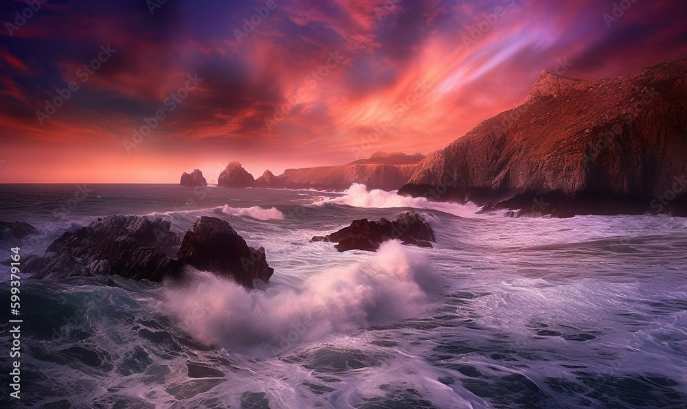 Obraz premium a beautiful sunset over the ocean with waves crashing against the rocks. generative ai