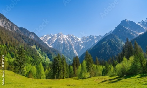  a grassy field with a mountain range in the background and trees in the foreground. generative ai