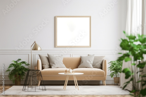 Contemporary Living Room with Blank Horizontal Poster Frame and Minimalistic Style