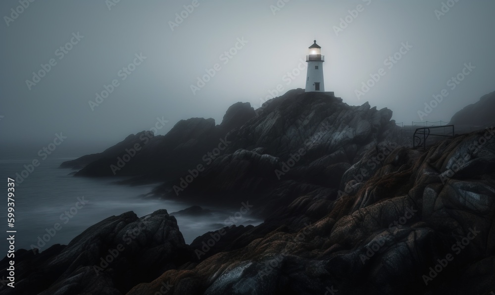  a lighthouse on a rocky cliff with the ocean in the background.  generative ai