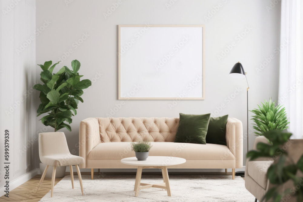 Contemporary Living Room with Blank Horizontal Poster Frame and Minimalistic Style Contemporary Living Room with Blank Horizontal Poster Frame and Minimalistic Style