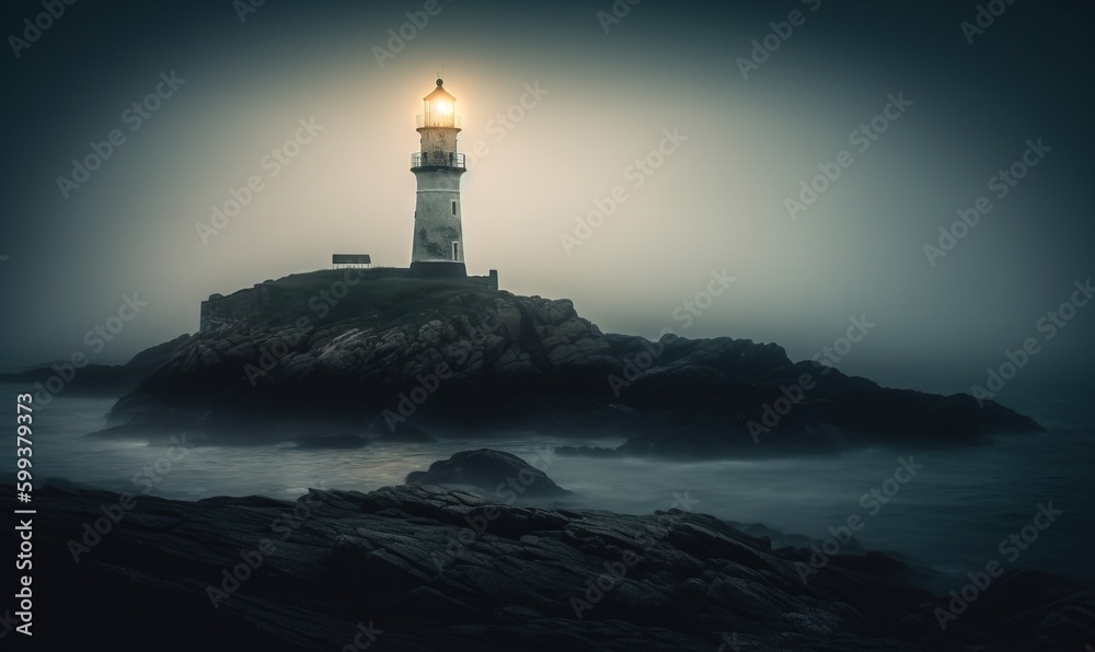  a lighthouse on a rocky shore with a foggy sky.  generative ai