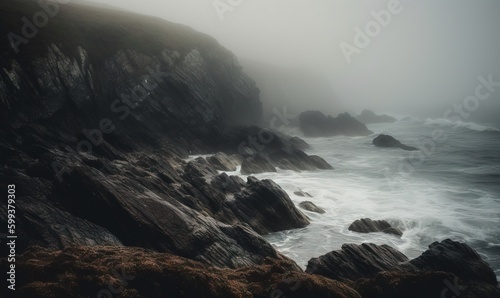  a foggy day at the coast with rocks and water. generative ai