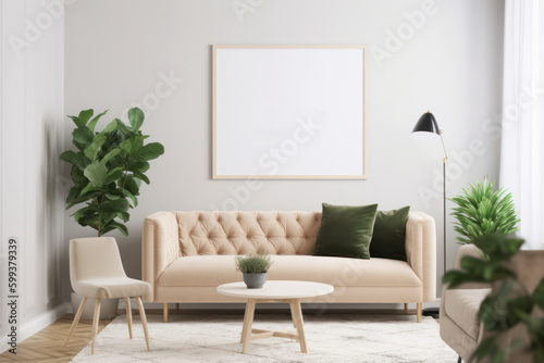 Contemporary Living Room with Blank Horizontal Poster Frame and Minimalistic Style