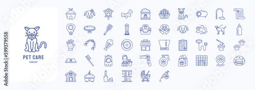 A collection sheet of outline icons for Pet care, including icons like Accessories bell, Bird House, Bone, Cat and more