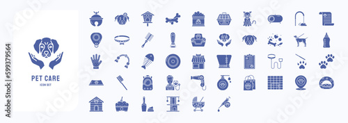 A collection sheet of solid icons for Pet care, including icons like Accessories bell, Bird House, Bone, Cat and more