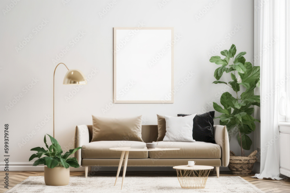 Naklejka premium Modern Scandinavian Living Room with Blank Horizontal Poster Frame and Natural Elements