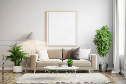 Modern Scandinavian Living Room with Blank Horizontal Poster Frame and Natural Elements