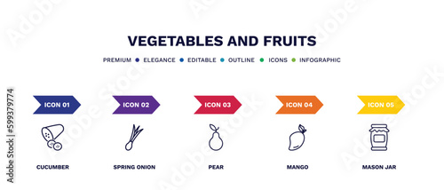 set of vegetables and fruits thin line icons. vegetables and fruits outline icons with infographic template. linear icons such as cucumber, spring onion, pear, mango, mason jar vector.