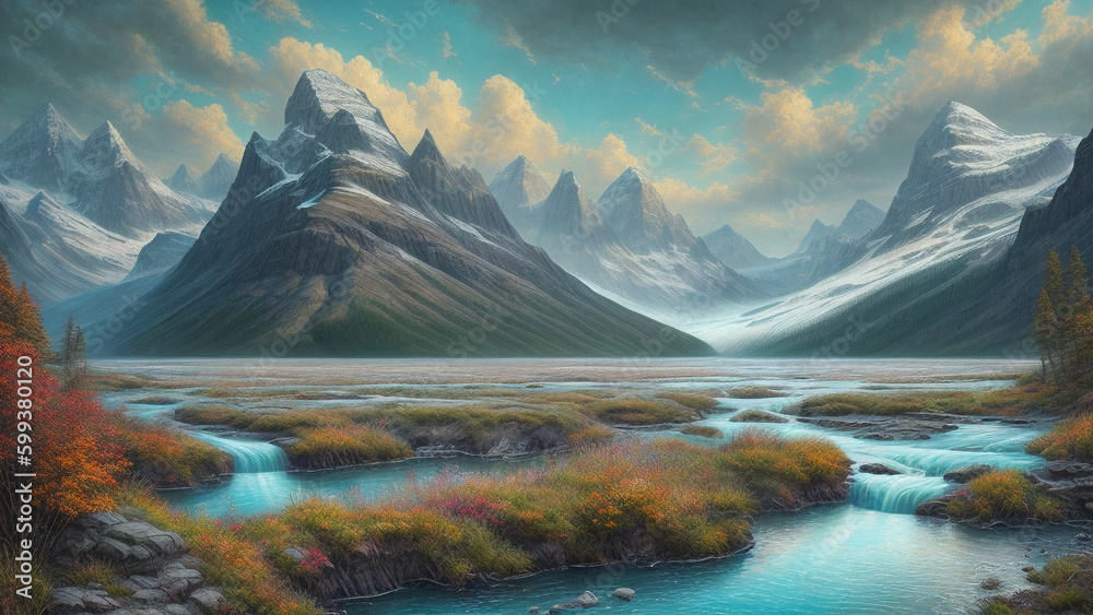 Obraz premium Painting green field of grass and body of water near snowy mountain generative AI technology