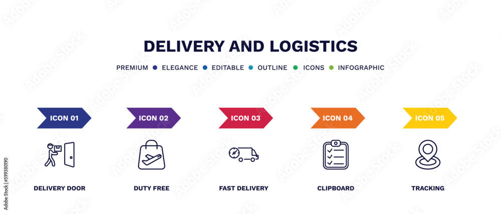 set of delivery and logistics thin line icons. delivery and logistics outline icons with infographic template. linear icons such as delivery door, duty free, fast clipboard, tracking vector. set of delivery and logistics thin line icons. delivery and logistics outline icons with infographic template. linear icons such as delivery door, duty free, fast clipboard, tracking vector.