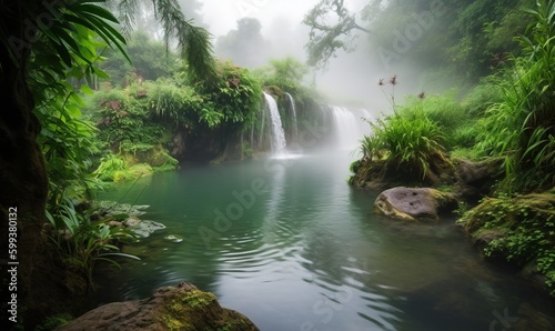  a small waterfall in the middle of a lush green forest.  generative ai © Anna