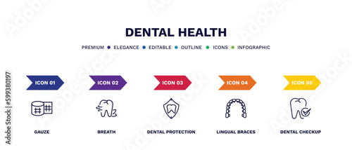 set of dental health thin line icons. dental health outline icons with infographic template. linear icons such as gauze, breath, dental protection, lingual braces, checkup vector.