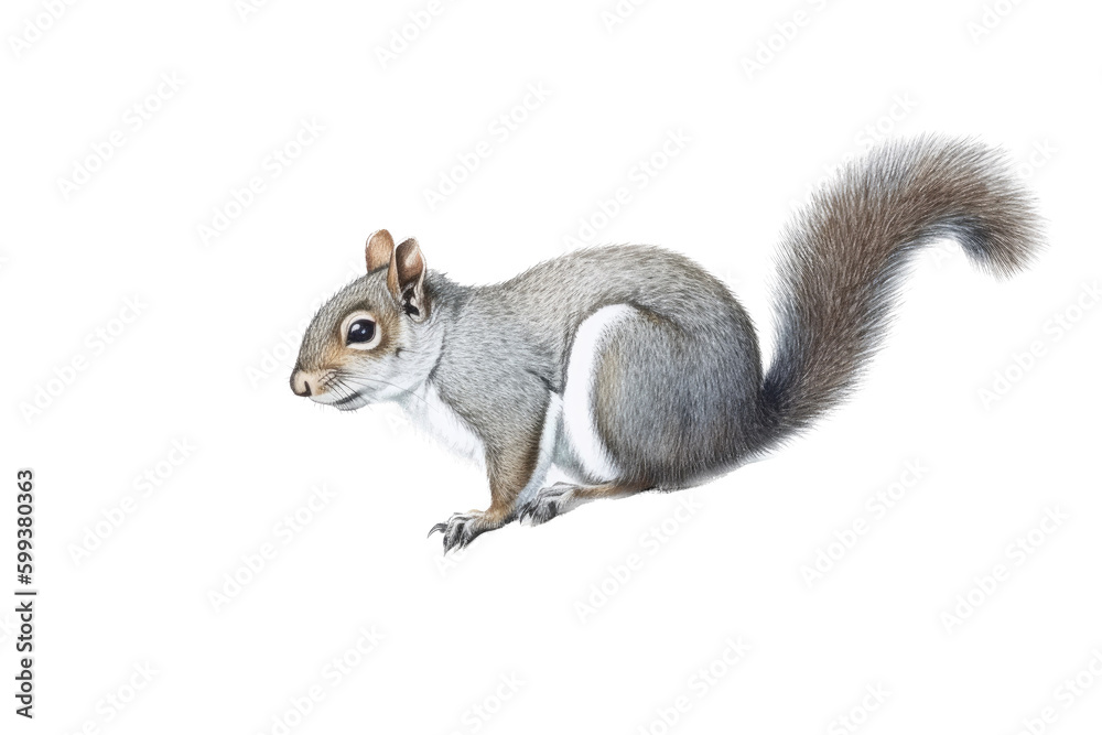 Fototapeta premium an isolated Grey Squirrel, running, jumping, and sitting. Preservation, backyard wildlife, Wildlife-themed, photorealistic illustration on a transparent background cutout in PNG. generative ai
