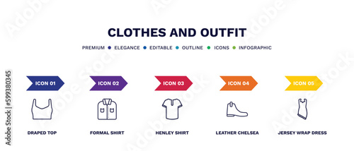 set of clothes and outfit thin line icons. clothes and outfit outline icons with infographic template. linear icons such as draped top, formal shirt, henley shirt, leather chelsea boots, jersey wrap