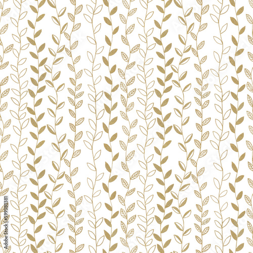 Hand drawn golden line art seamless pattern botanical vertical hanging tree branches, plants with different leaves as floral background.On white backdrop.