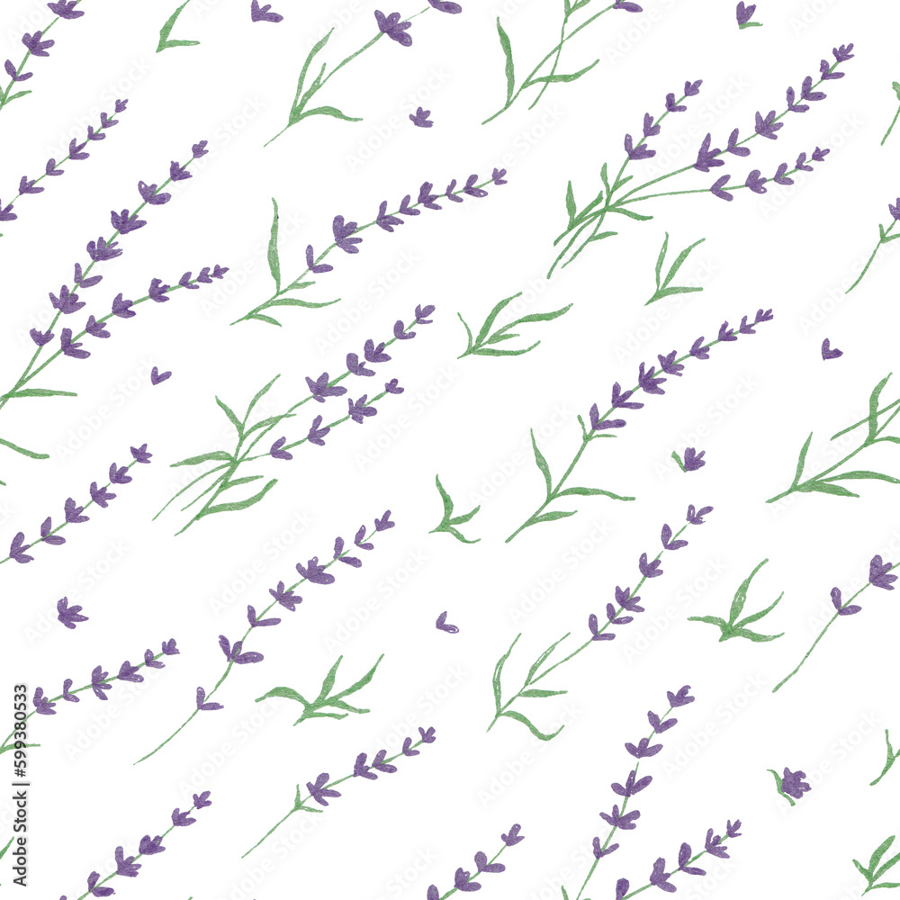 Hand drawn seamless pattern with shining glowing line art provance diagonal purple lavender flowers.Floral spring summer botanical backdrop on white background. Hand drawn seamless pattern with shining glowing line art provance diagonal purple lavender flowers.Floral spring summer botanical backdrop on white background.