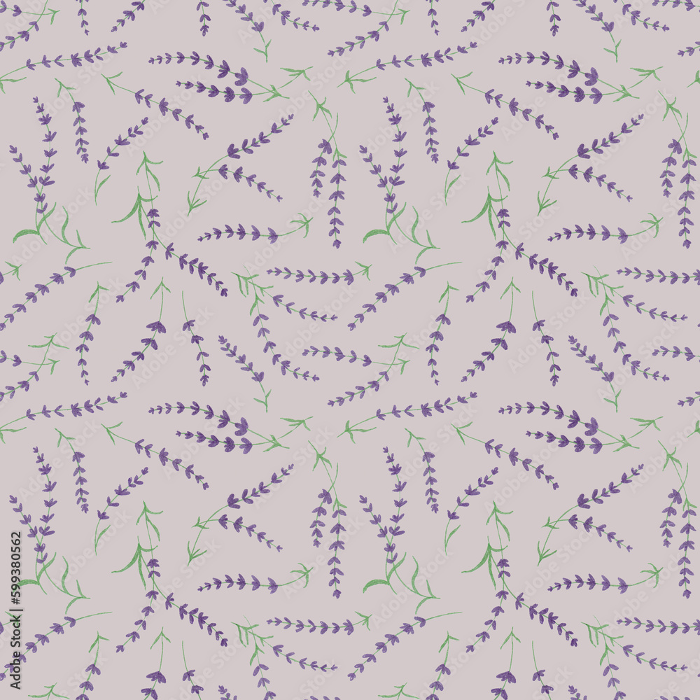 Hand drawn seamless pattern with shining glowing line art provance purple lavender flowers.Floral spring summer botanical backdrop on grey background. Hand drawn seamless pattern with shining glowing line art provance purple lavender flowers.Floral spring summer botanical backdrop on grey background.