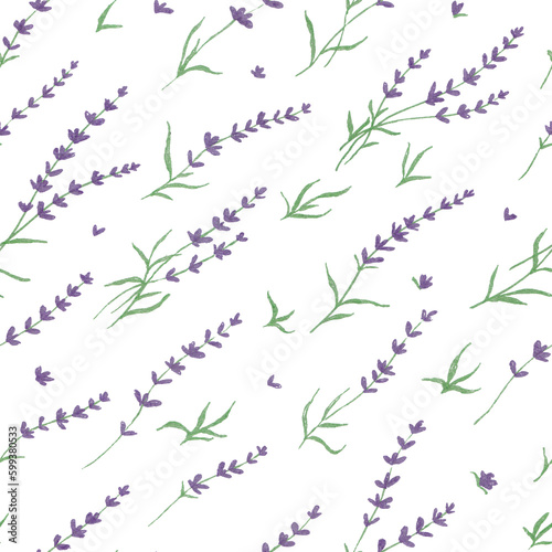 Hand drawn seamless pattern with shining glowing line art provance diagonal purple lavender flowers.Floral spring summer botanical backdrop on white background.