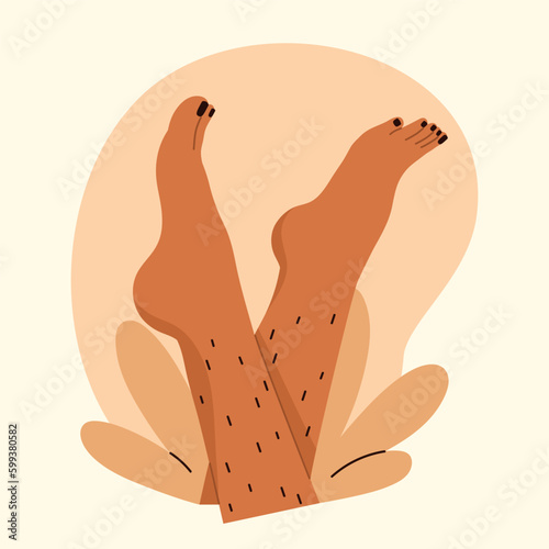 Unshaved hairy female legs with leaves. Body positive, normalize female body hair, skin care. Vector illustration in cartoon style. Isolated white background.