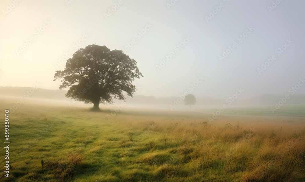  a lone tree in a foggy field on a foggy day.  generative ai