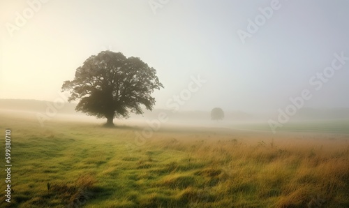  a lone tree in a foggy field on a foggy day. generative ai