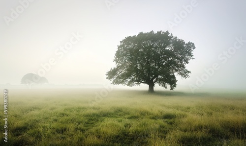  a lone tree stands in a foggy field on a foggy day.  generative ai