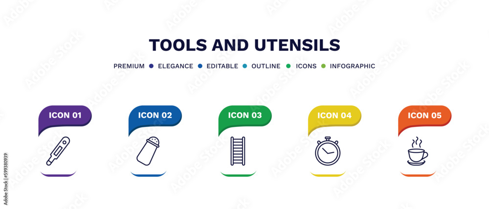 set of tools and utensils thin line icons. tools and utensils outline icons with infographic template. linear icons such as body thermometer, pepper container, hanging ladder, timer round clock, cup set of tools and utensils thin line icons. tools and utensils outline icons with infographic template. linear icons such as body thermometer, pepper container, hanging ladder, timer round clock, cup