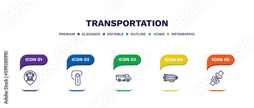 set of transportation thin line icons. transportation outline icons with infographic template. linear icons such as tram stop, hands free device, road sweeper, blimp, seatbelt vector.