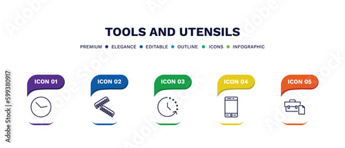 set of tools and utensils thin line icons. tools and utensils outline icons with infographic template. linear icons such as circular clock, combs, time left, modern telephone, briefcase and document