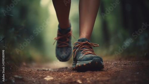 female runner wearing hiking boots in the forest. Generative Ai