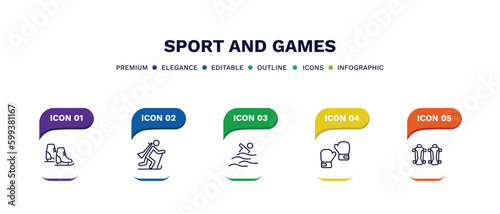 set of sport and games thin line icons. sport and games outline icons with infographic template. linear icons such as ice skates, biathlon, swimming figure, two boxing gloves, shin guards vector.