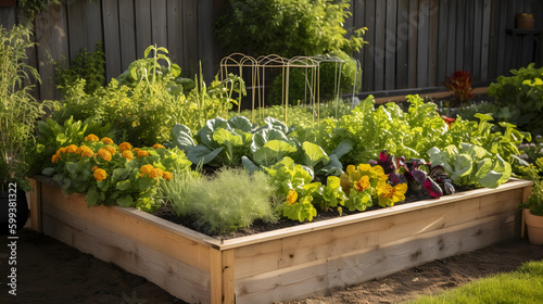 Wallpaper Mural A raised garden bed filled with an assortment of vegetables, including tomatoes, lettuce, and peppers, in a sunny backyard. Torontodigital.ca