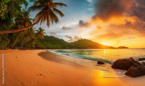  a tropical beach with palm trees and a sunset in the background. generative ai