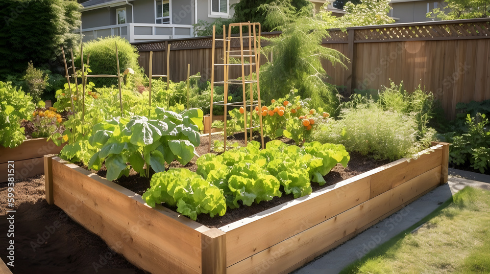 A raised garden bed filled with an assortment of vegetables, including tomatoes, lettuce, and peppers, in a sunny backyard created with generative AI