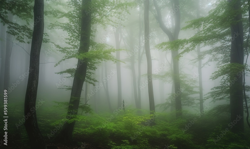  a forest filled with lots of tall trees covered in fog.  generative ai