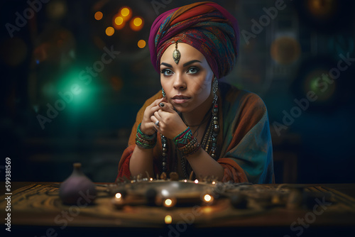 oriental woman fortune teller clairvoyant in a headscarf looks into the future predicts fate in using a glass ball. Generative AI.