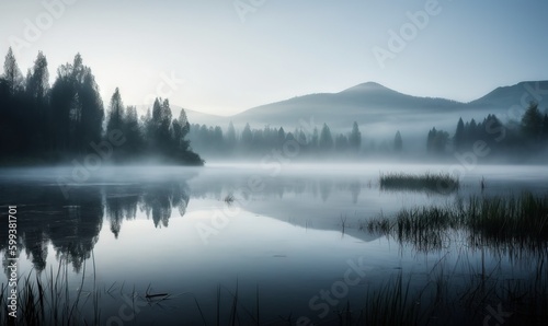  a body of water surrounded by trees and mist covered mountains. generative ai