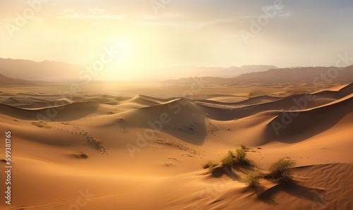  a desert landscape with sand dunes and a lone tree in the foreground.  generative ai