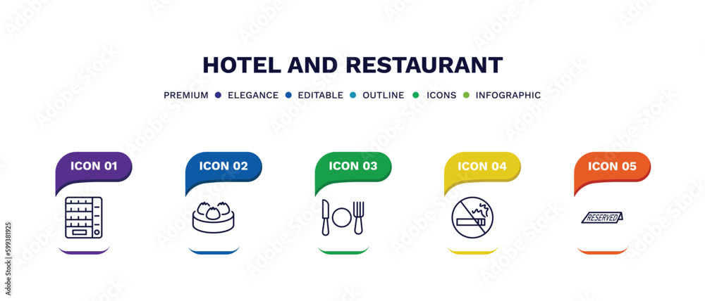 Obraz premium set of hotel and restaurant thin line icons. hotel and restaurant outline icons with infographic template. linear icons such as vending hine, dim sum, meal, no smoking, reserved vector.