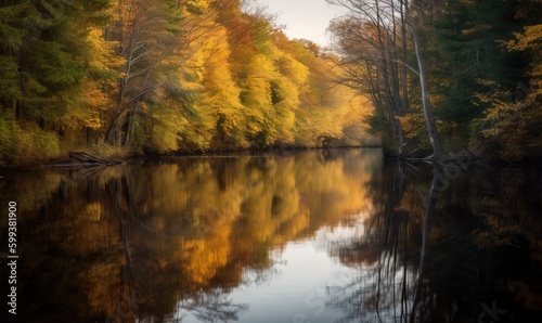  a body of water surrounded by trees with yellow and red leaves. generative ai