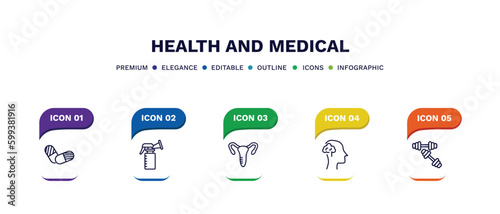 set of health and medical thin line icons. health and medical outline icons with infographic template. linear icons such as pills, breast pump, gynecology, neurology, dumbbells vector.