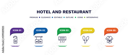 set of hotel and restaurant thin line icons. hotel and restaurant outline icons with infographic template. linear icons such as door hanger, hotel, air conditioner, balloon, bathrobe vector.