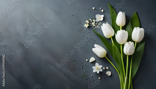 Flat lay of white tulip flowers and white jasmine flowers on gray concrete background with copy space. Wedding or anniversary card