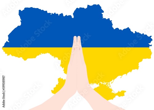 Blue and yellow illustration of Ukrainian map, Symbol of Ukraine, Pray for Ukraine, Namaste, Prayer