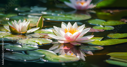 Beautiful pink lotus flower with a green leaf in the pond. A pink lotus water lily blooming on the water, magical spring,summer dreamy background