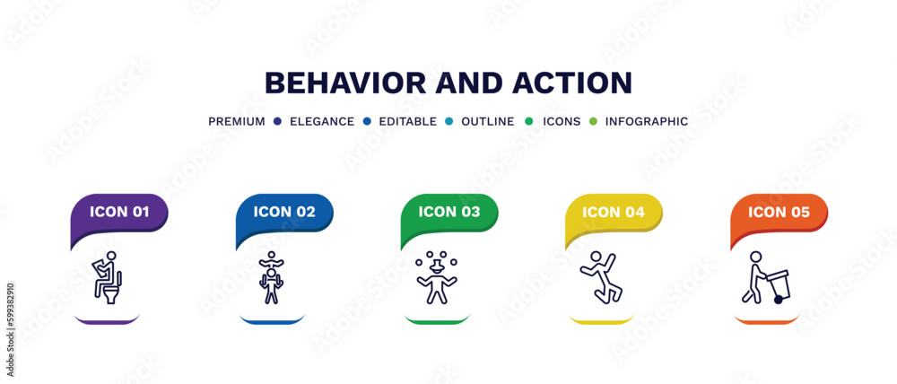 set of behavior and action thin line icons. behavior and action outline icons with infographic template. linear icons such as man at restroom, piggyback a kid, circus man, stick man jumping, carry