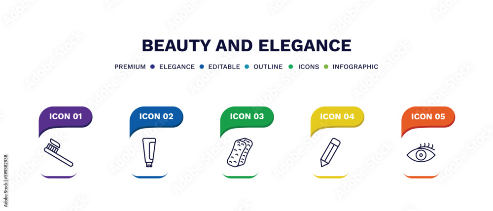 set of beauty and elegance thin line icons. beauty and elegance outline icons with infographic template. linear icons such as toothbrush, cream tube, bath sponge, pencils, woman eye vector.