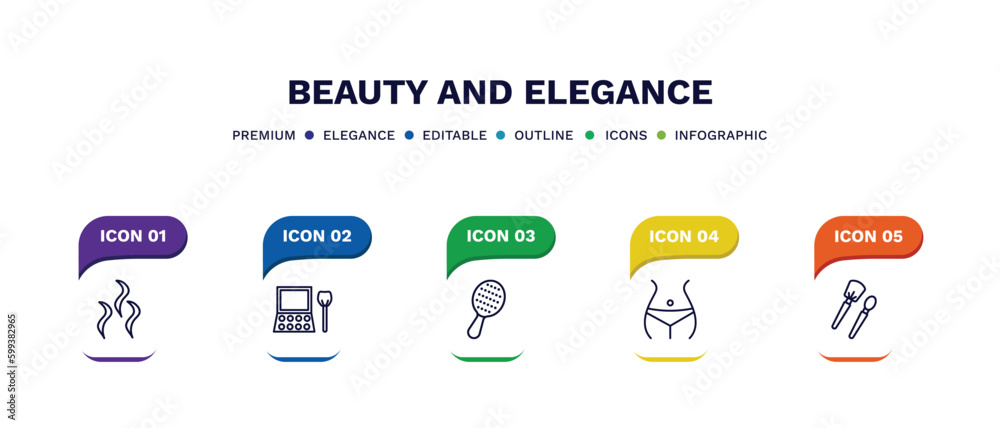 set of beauty and elegance thin line icons. beauty and elegance outline icons with infographic template. linear icons such as aroma, eye shadow, inclined hairbrush, women waist, makeup brush vector.