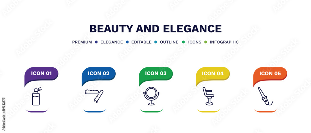 set of beauty and elegance thin line icons. beauty and elegance outline icons with infographic template. linear icons such as hair spray, bobby pins, makeup mirror, beauty salon chair, curlers set of beauty and elegance thin line icons. beauty and elegance outline icons with infographic template. linear icons such as hair spray, bobby pins, makeup mirror, beauty salon chair, curlers